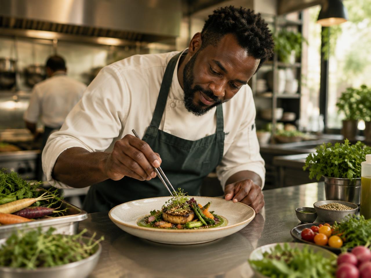 Experienced chef finishing an elegant plant-based plate