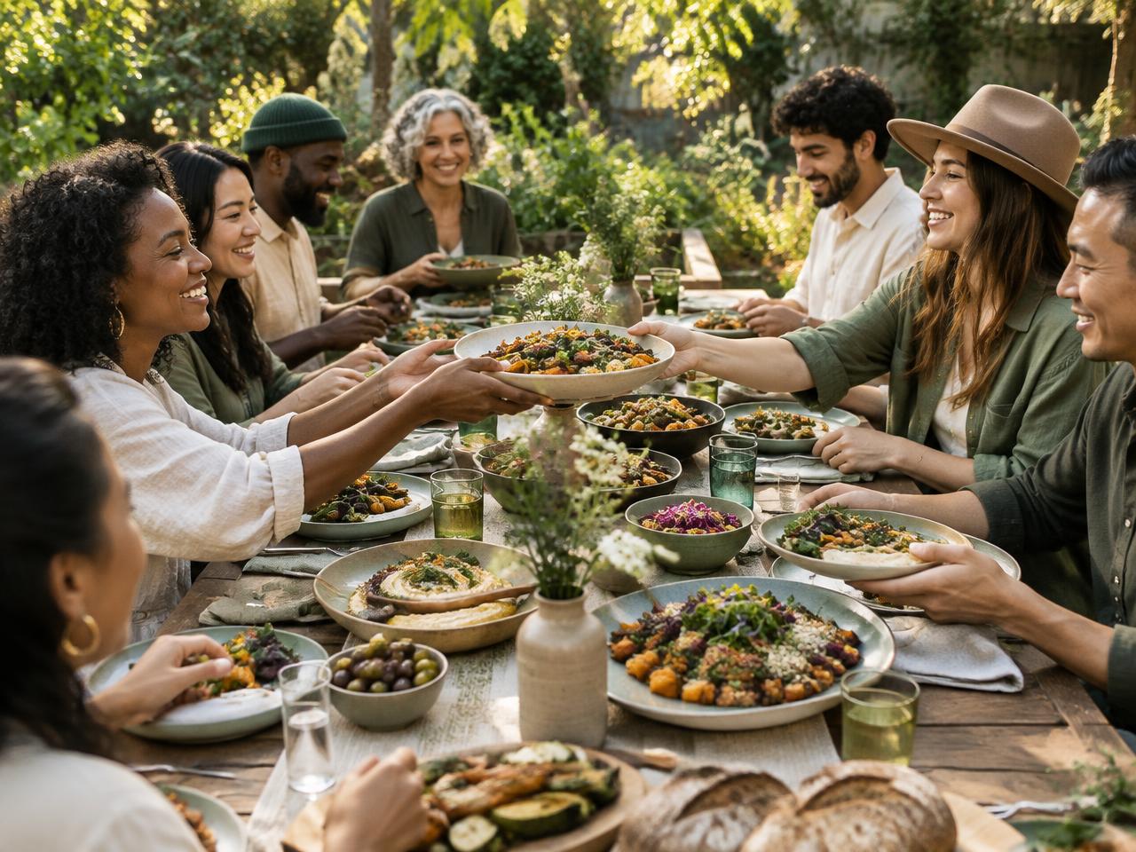 Community sharing colorful plant-based dishes around a garden table