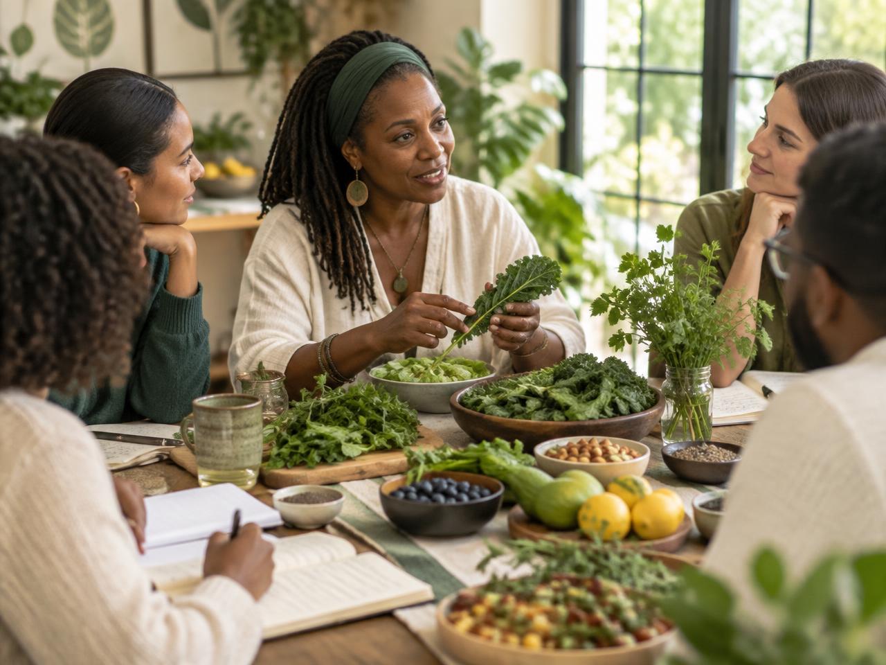 Plant-based wellness educator guiding a small community group